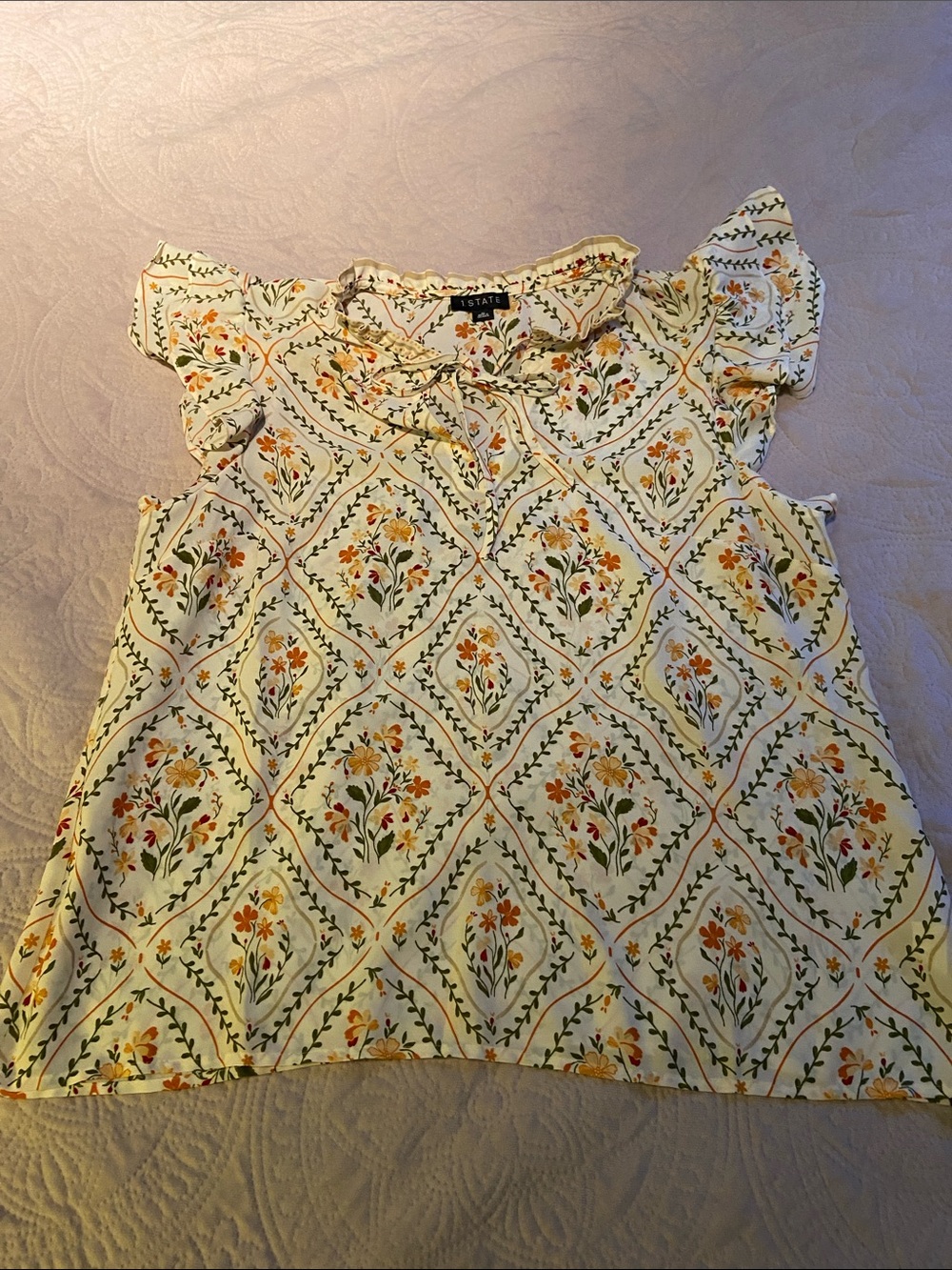 1. STATE Cream Floral Ruffle-Sleeve Girls Top with Yellow & Green Accents